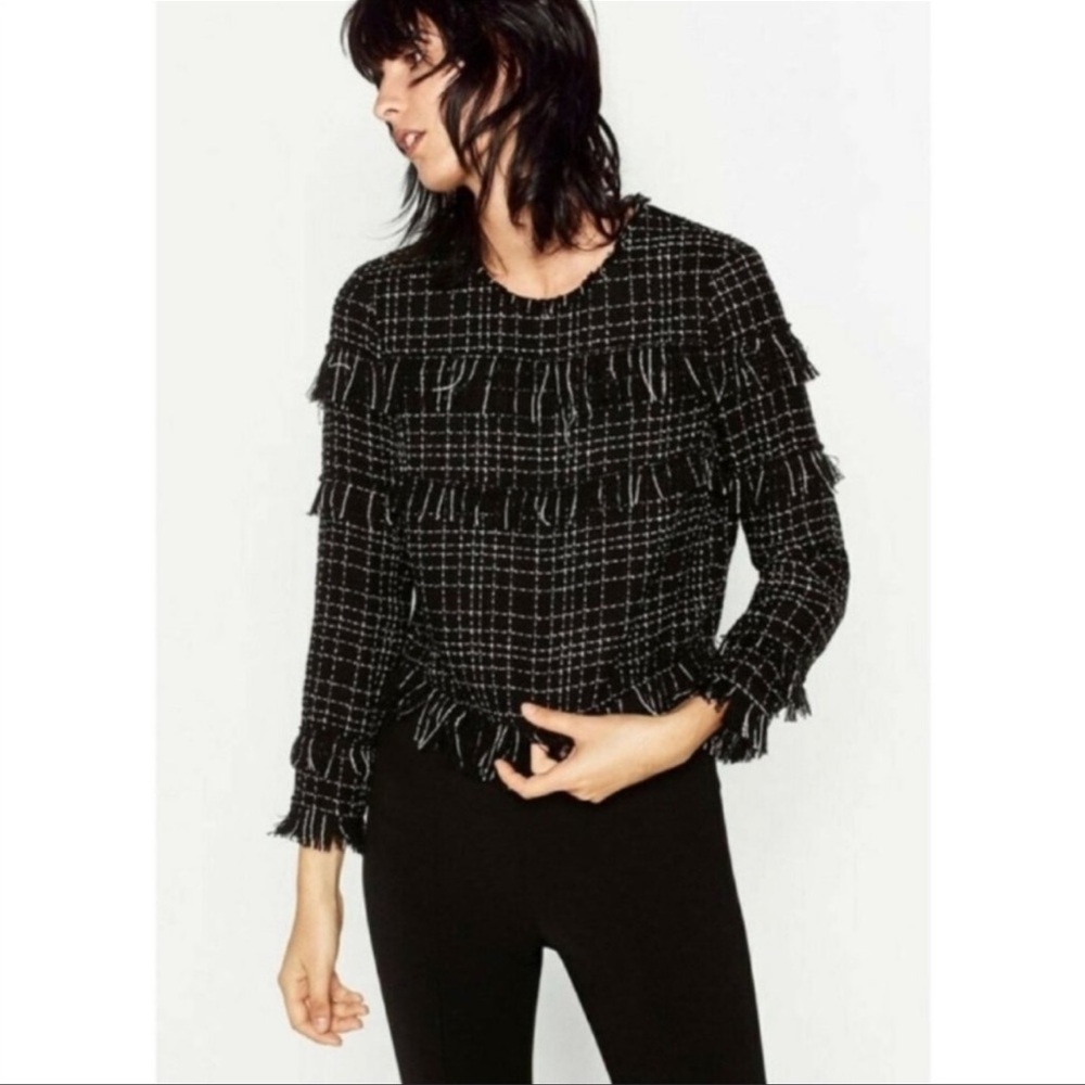 Zara Woman Cropped Tweed Fringe Boxy Blouse Size S in Black